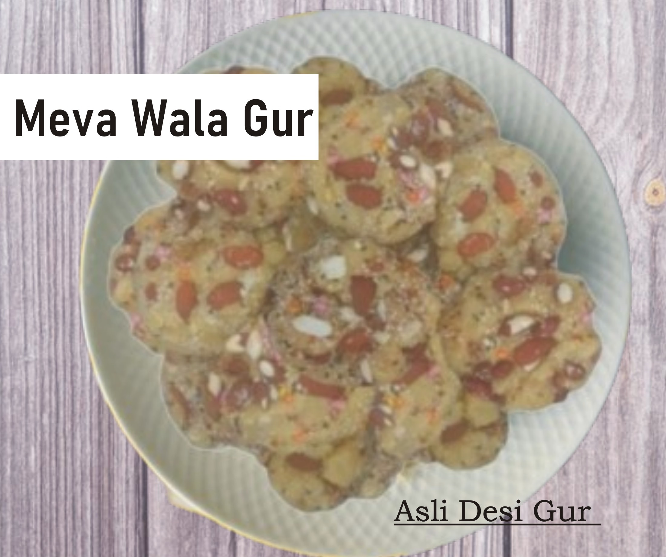 Meva Wala Gur in a rustic bowl, showcasing golden jaggery with almonds, pistachios, and cashews, a natural sweetener for health and flavor.