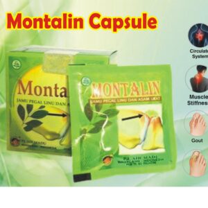 Montalin herbal capsules (500 mg) packaging for joint pain and gout, featuring traditional Indonesian jamu design with warning icons for undeclared pharmaceutical adulterants.