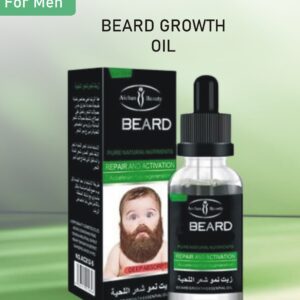 beard growth oil with a dropper, surrounded by natural ingredients like jojoba and argan oils,