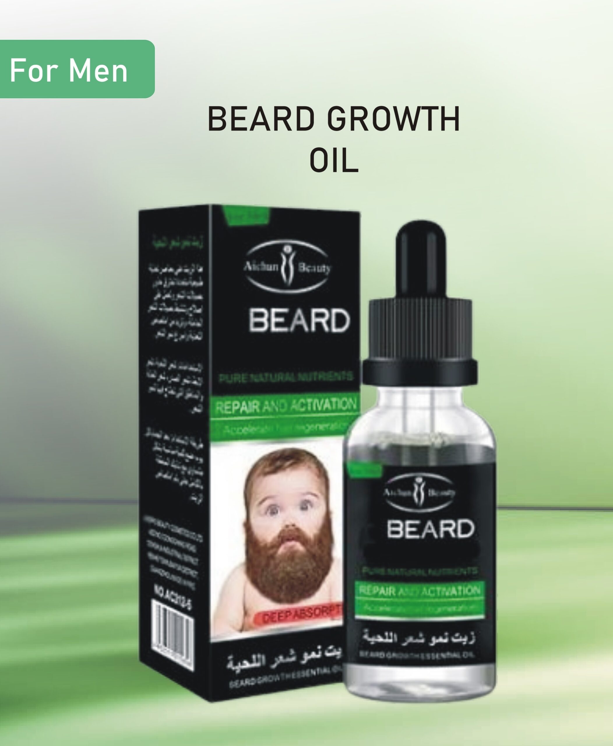 beard growth oil with a dropper, surrounded by natural ingredients like jojoba and argan oils,