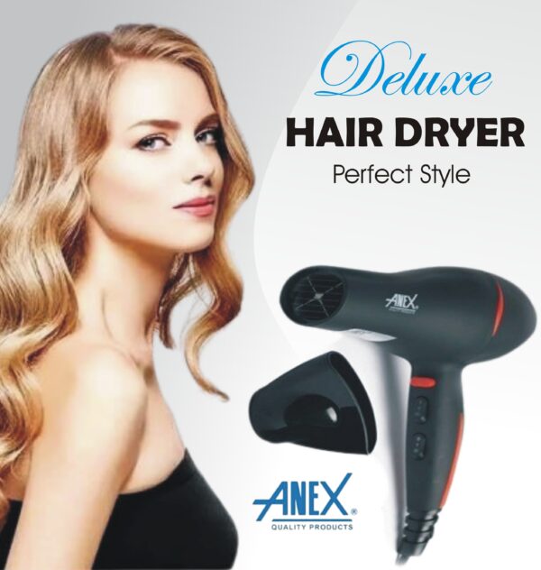 eluxe hair dryer with a modern design, featuring a glossy finish, ergonomic handle, and attachments like a diffuser and concentrator, ideal for professional styling.