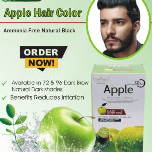 Bottle of Ammonia Apple Hair Color, an ammonia-free black hair dye with apple ginger, displayed with a shiny black hair swatch for gray coverage and nourishment.