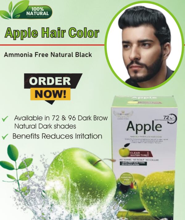 Bottle of Ammonia Apple Hair Color, an ammonia-free black hair dye with apple ginger, displayed with a shiny black hair swatch for gray coverage and nourishment.