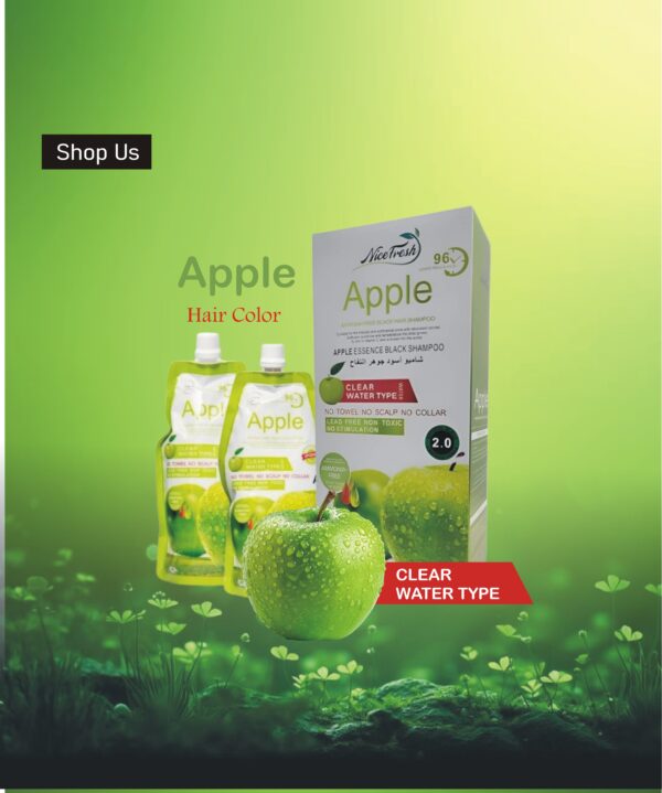 Apple Hair Color Shampoo 400ml bottle, ammonia-free hair dye with natural apple extracts, offering vibrant black color and 100% gray coverage.